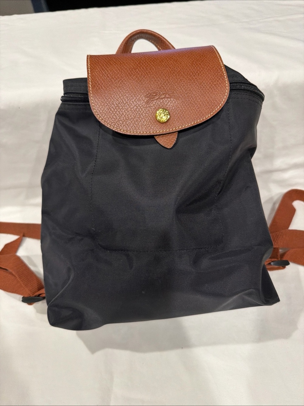 Longchamp small backpack in black with brown leather flap